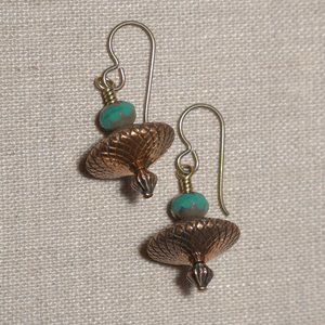 Hand Crafted Handmade Earrings Teal & Copper UFO Saucer Bead Earrings